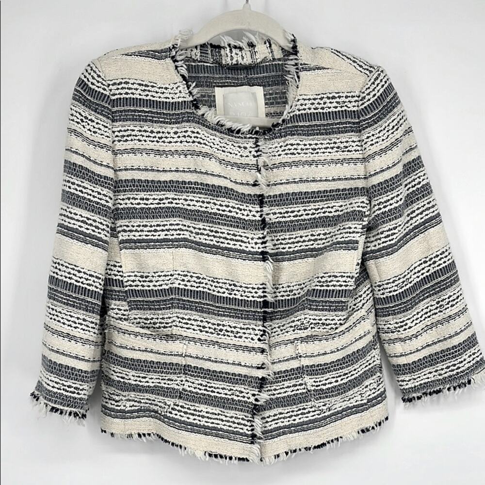 NVSCO Cropped Tweed Fringe Blazer Jacket Coat Medium 10 Striped Ladylike Coastal